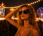 A woman at a night fair wearing oversized black sunglasses with rhinestone embellishments, a sparkly gold top, and layered gold necklaces, with illuminated Ferris wheels in the background.